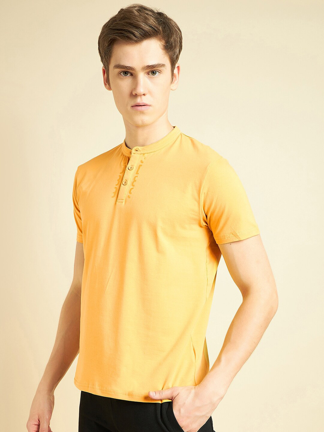 

Sweet Dreams Mustard Yellow Henley Neck Cotton T-shirt