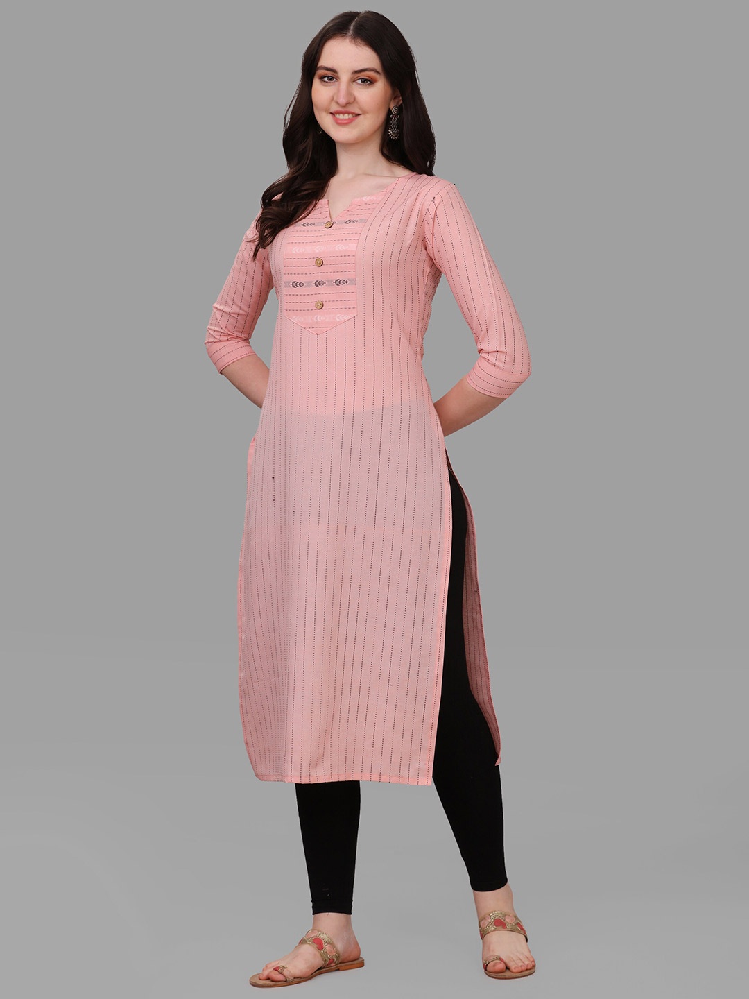 

Shiv Textiles Notched Neck Striped Straight Cotton Kurta, Peach