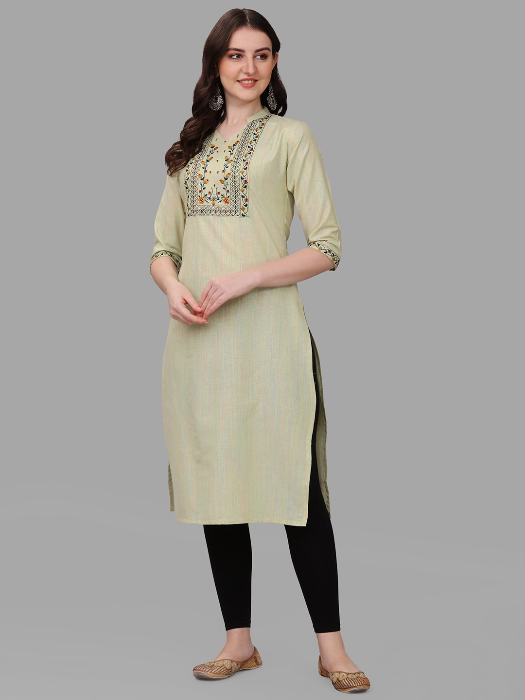 

Shiv Textiles Manadrin Collar Floral Embroidered Sequined Cotton Kurta, Green