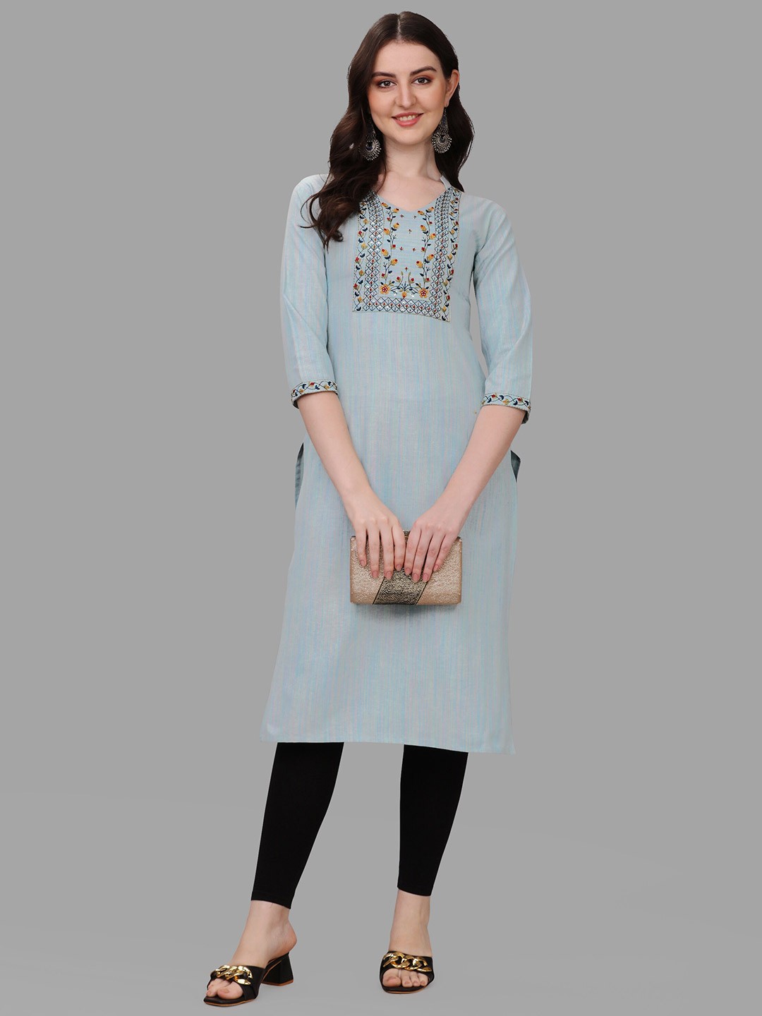 

Shiv Textiles Floral Yoke Design Thread Work Sequined Cotton Kurta, Turquoise blue