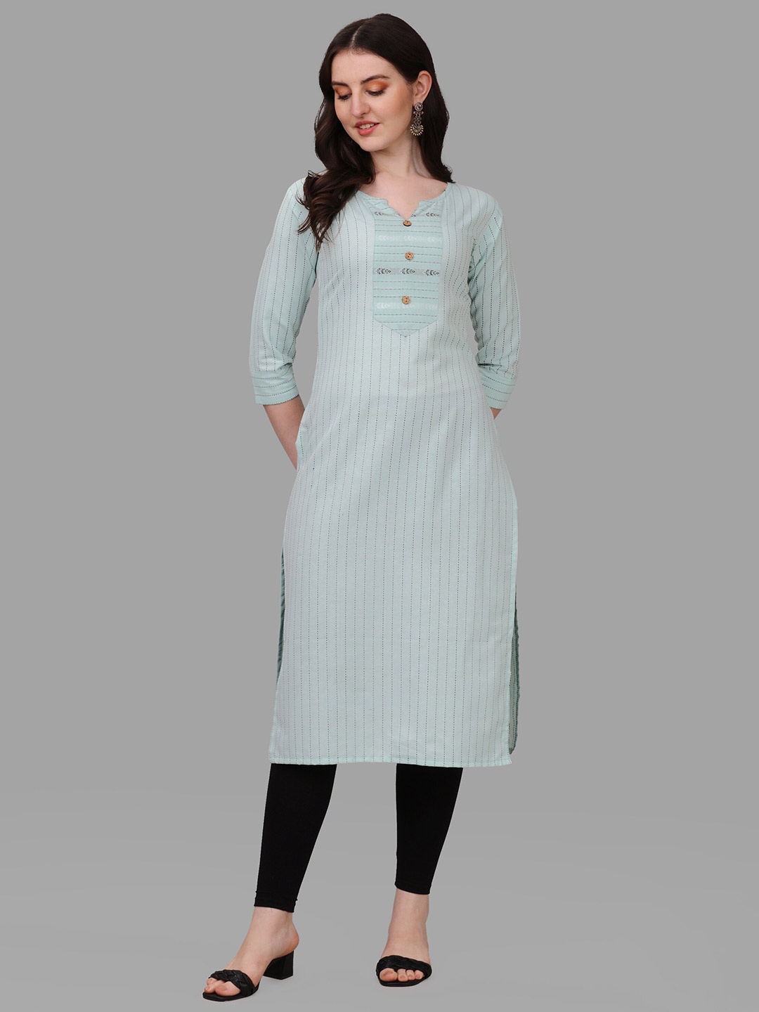 

Shiv Textiles Notched Neck Striped Straight Cotton Kurta, Sea green