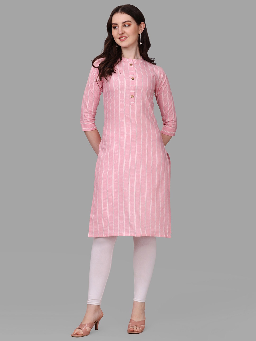 

Shiv Textiles Mandarin Collar Geometric Printed Straight Cotton Kurta, Pink