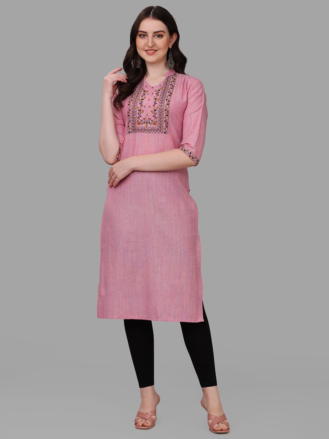 

Shiv Textiles Mandarin Collar Floral Embroidered Sequined Cotton Kurta, Pink