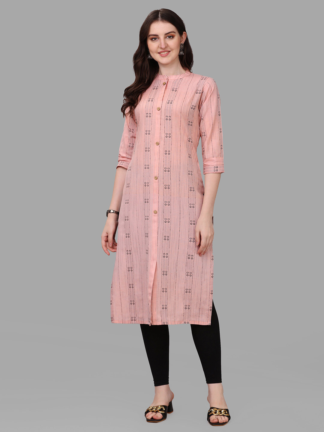 

Shiv Textiles Manadrin Collar Ethnic Motifs Printed Straight Cotton Kurta, Pink