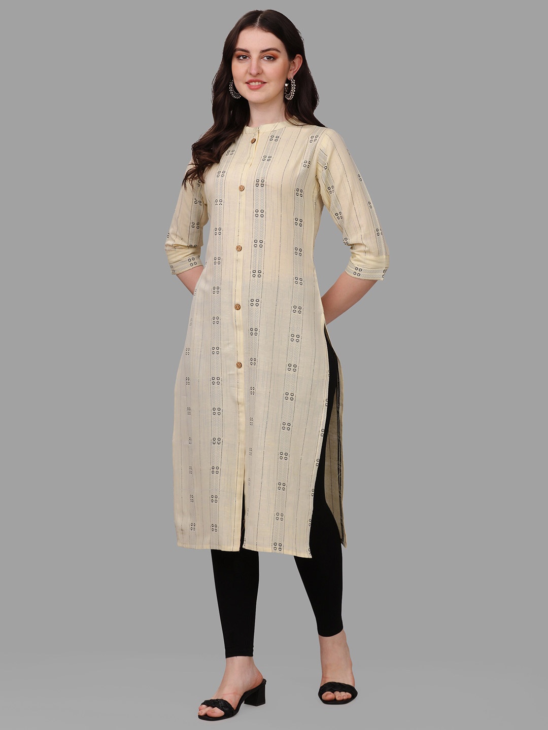 

Shiv Textiles Mandarin Collar Ethnic Motifs Printed Straight Cotton Kurta, Beige