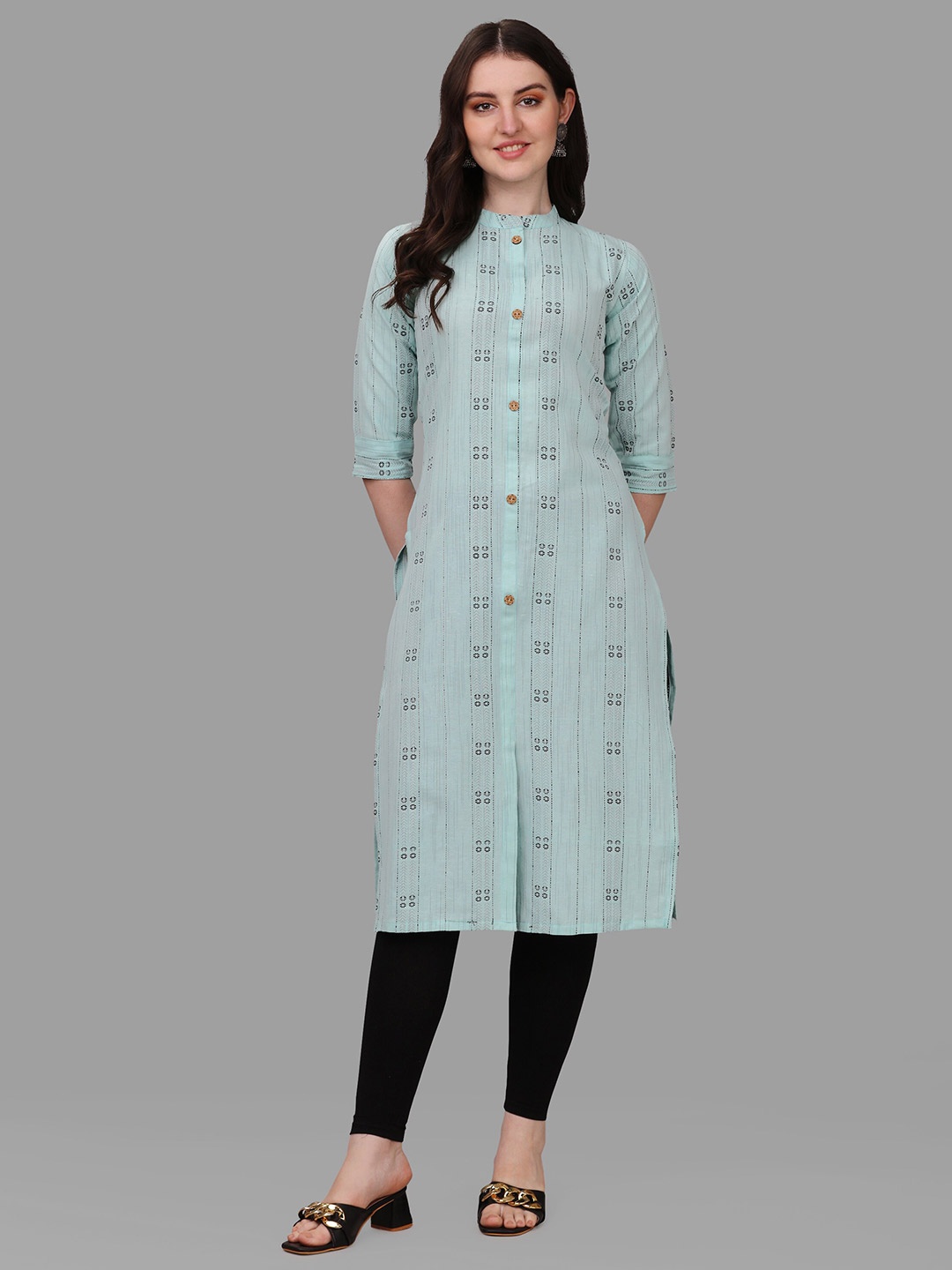

Shiv Textiles Ethnic Motifs Printed Mandarin Collar Cotton Kurta, Sea green