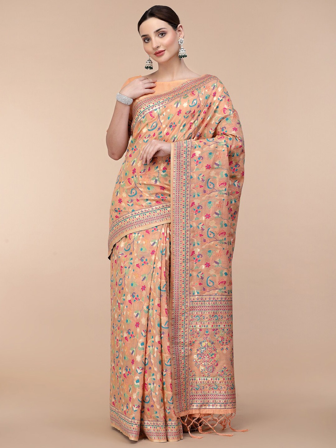

all about you Peach-Coloured & Blue Floral Woven Design Saree