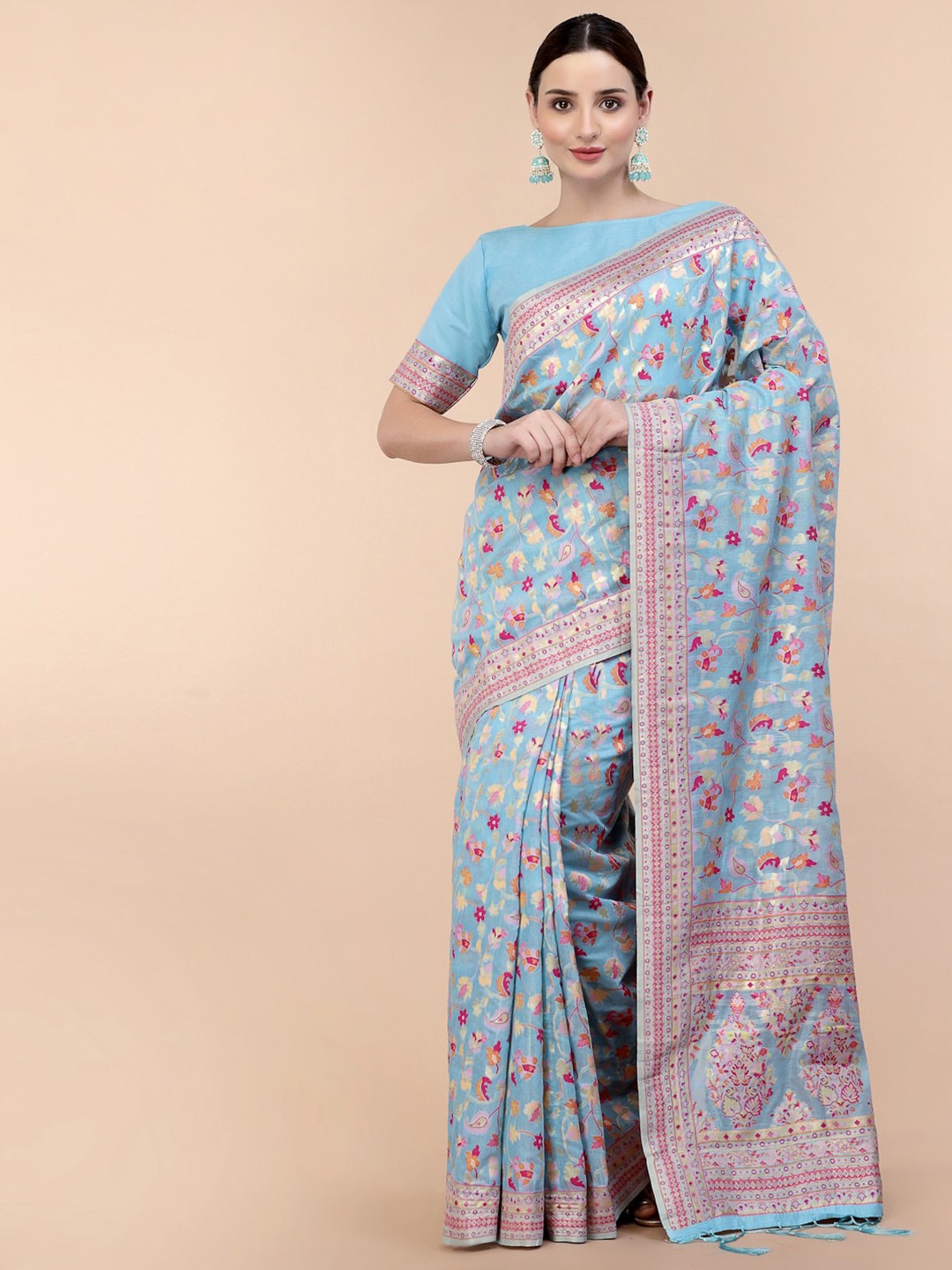 

all about you Blue & Pink Floral Woven Design Saree