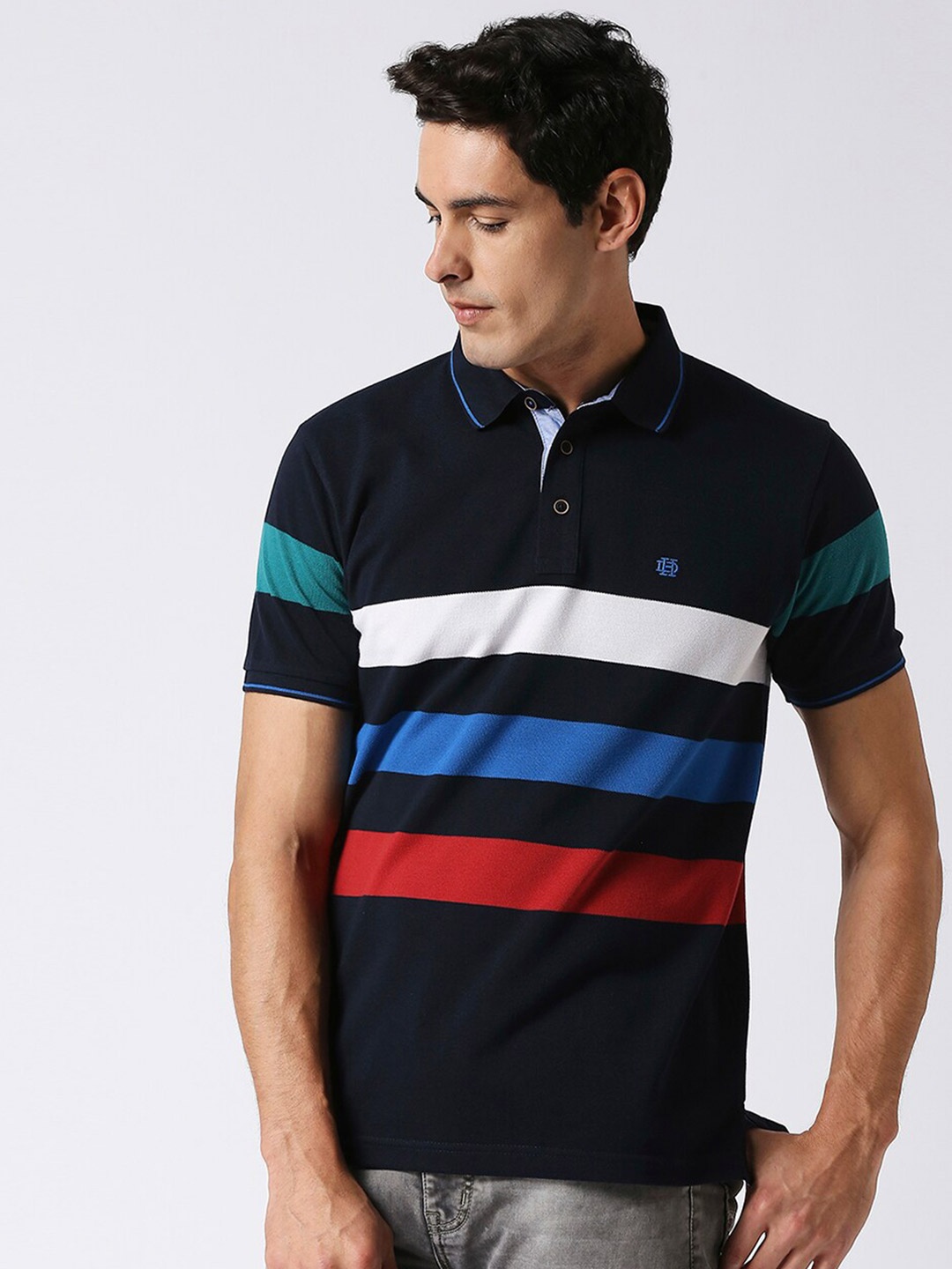 

DRAGON HILL Striped Polo Collar Cotton Slim Fit T-shirt, Navy blue