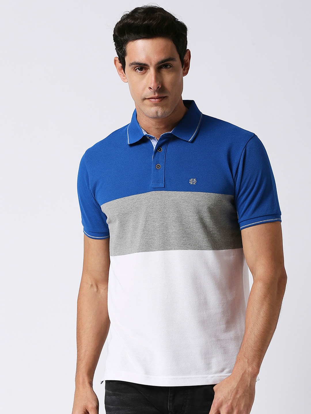 

DRAGON HILL Colourblocked Short Sleeves Polo Collar Slim Fit Cotton T-shirt, Blue