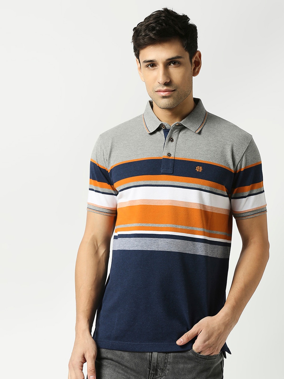 

DRAGON HILL Striped Polo Collar Cotton Slim Fit T-shirt, Grey