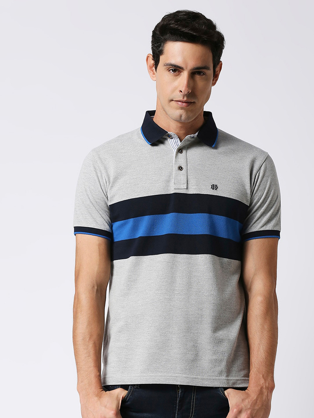 

DRAGON HILL Striped Polo Collar Slim Fit Cotton T-shirt, Grey