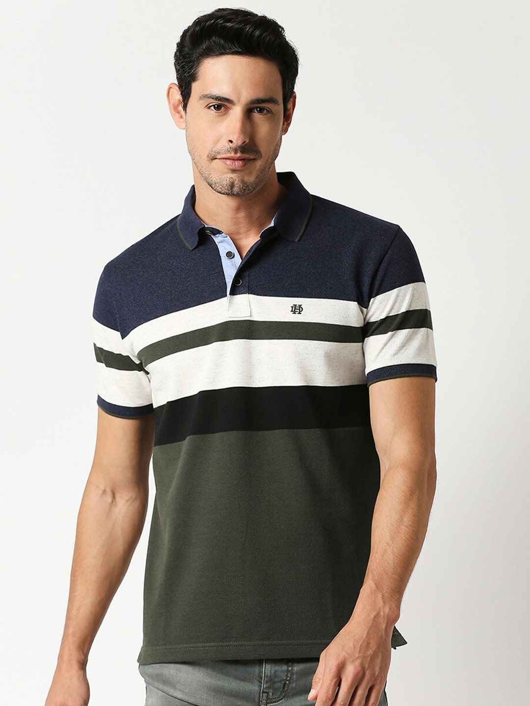 

DRAGON HILL Striped Polo Collar Slim Fit Cotton T-shirt, Green