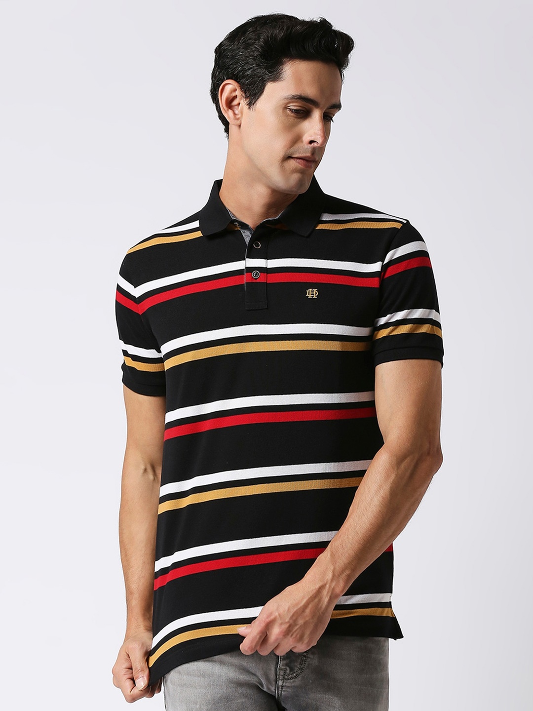 

DRAGON HILL Striped Polo Collar Slim Fit Cotton T-shirt, Black