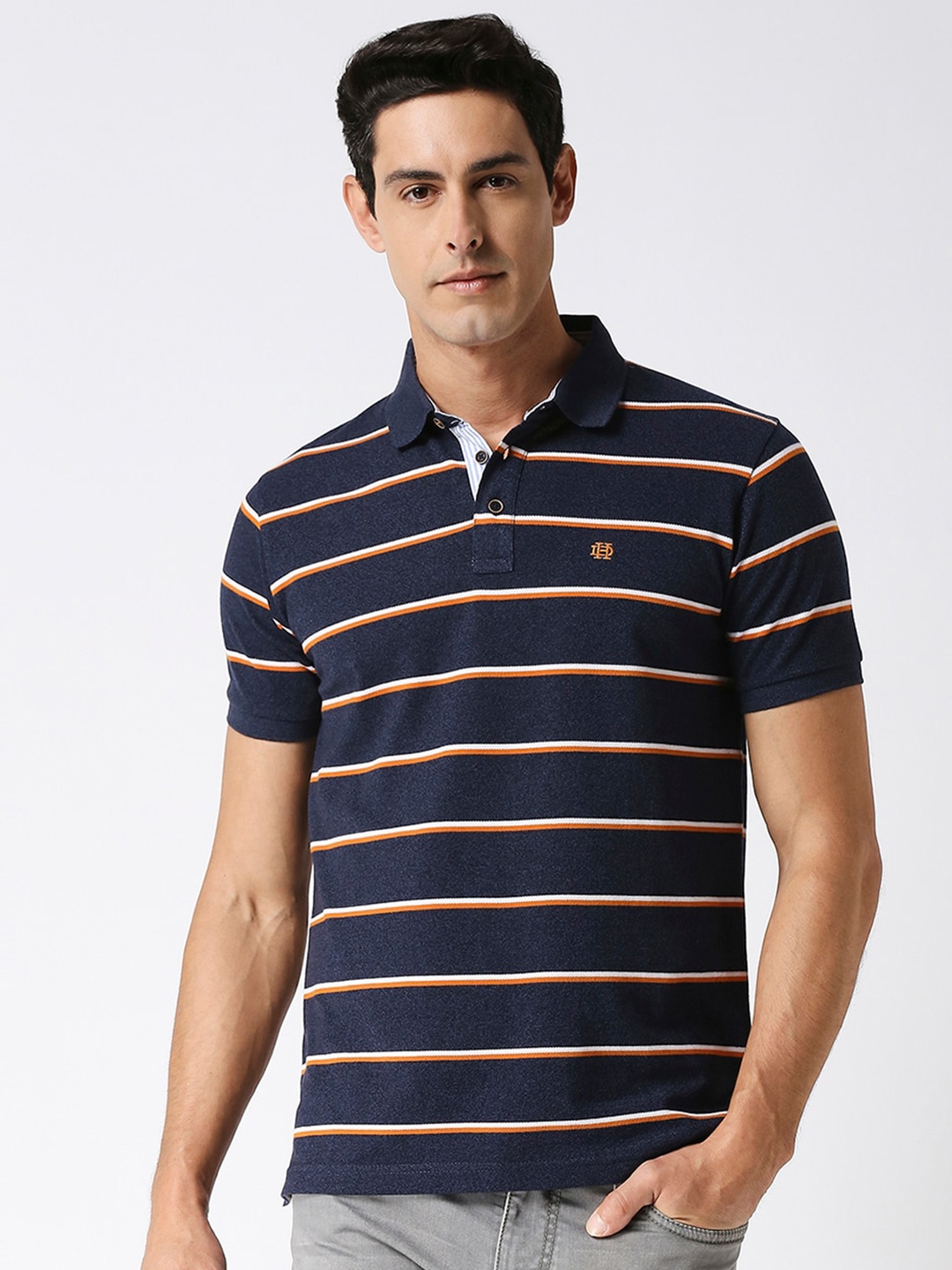 

DRAGON HILL Striped Polo Collar Slim Fit Cotton T-shirt, Navy blue