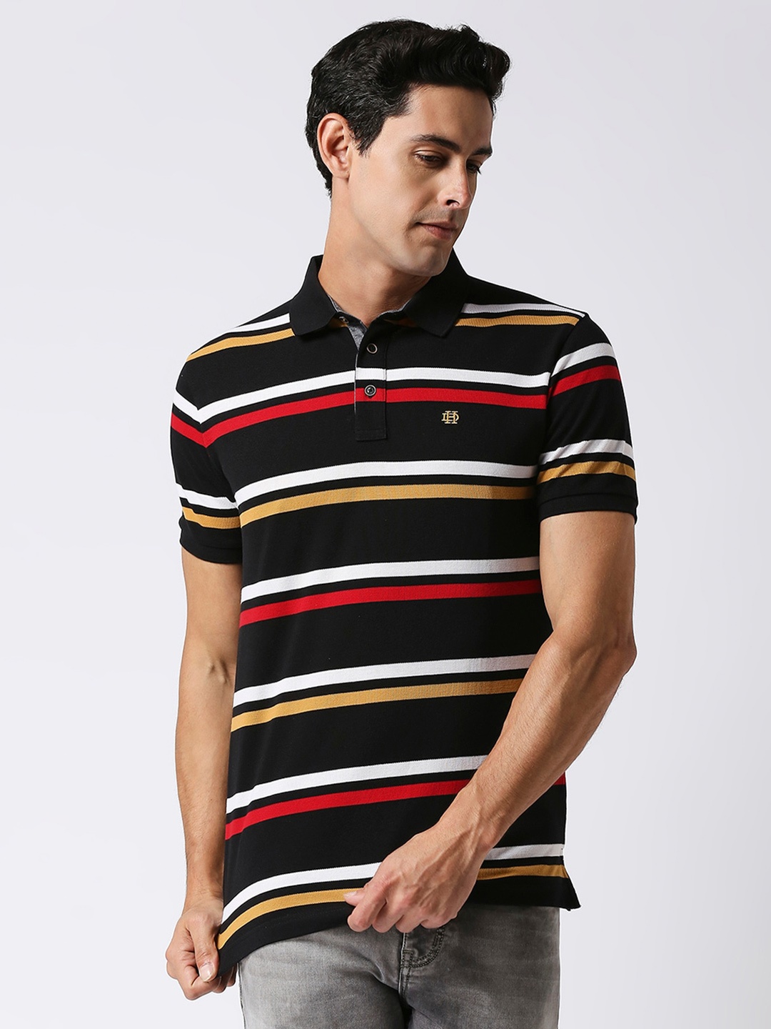 

DRAGON HILL Striped Polo Collar Slim Fit Cotton T-shirt, Black