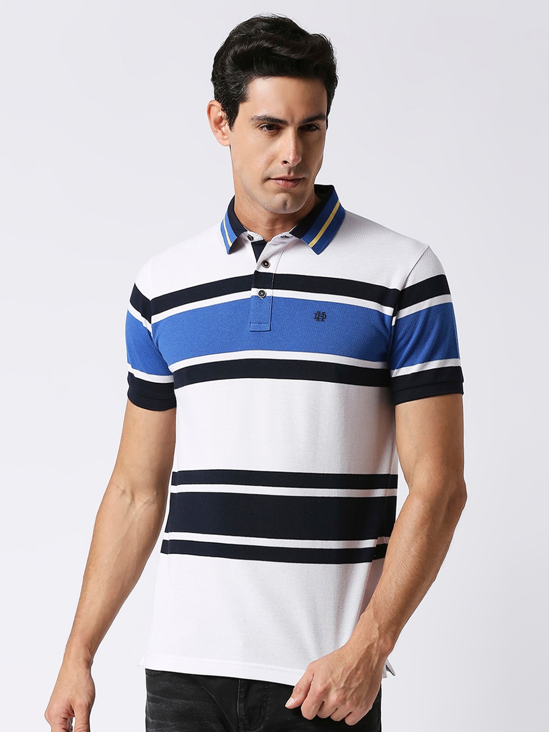 

DRAGON HILL Striped Polo Collar Slim Fit Cotton T-shirt, White