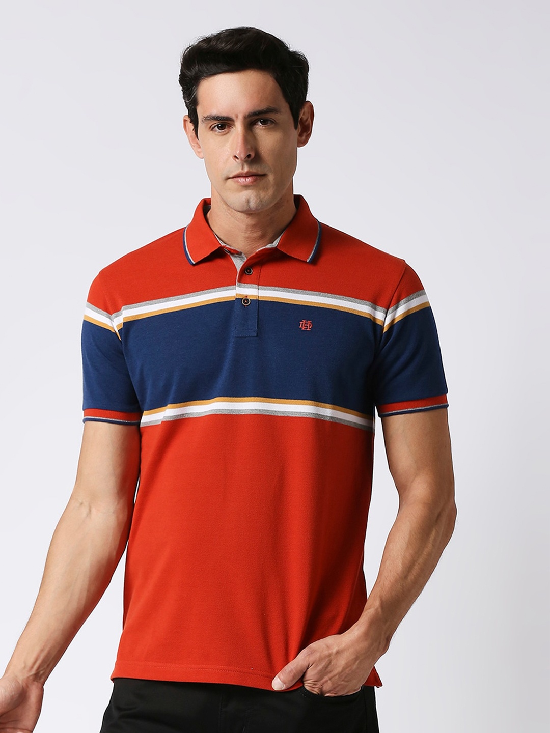 

DRAGON HILL Colourblocked Polo Collar Slim Fit Cotton T-shirt, Red