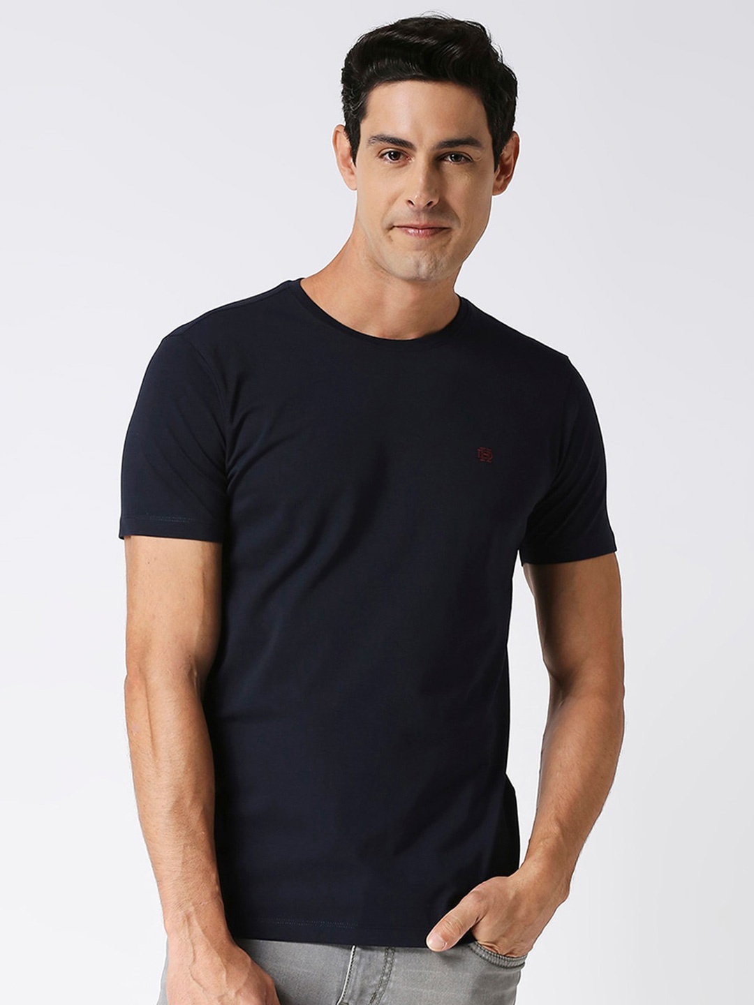 

DRAGON HILL Round Neck Slim Fit Cotton T-shirt, Navy blue