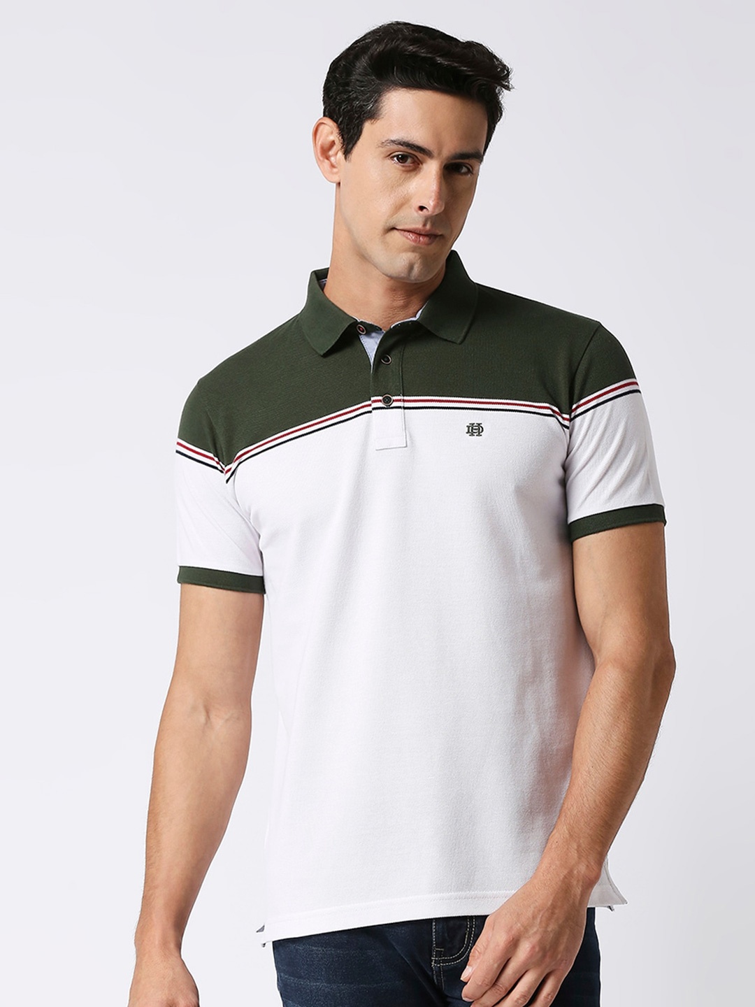 

DRAGON HILL Colourblocked Polo Collar Slim Fit Casual Cotton T-shirt, White