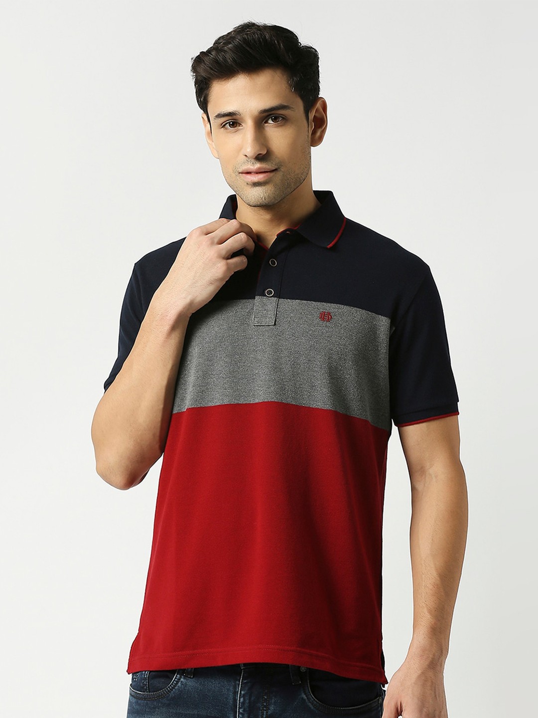 

DRAGON HILL Plus Size Colourblocked Polo Collar Slim Fit Cotton T-shirt, Navy blue