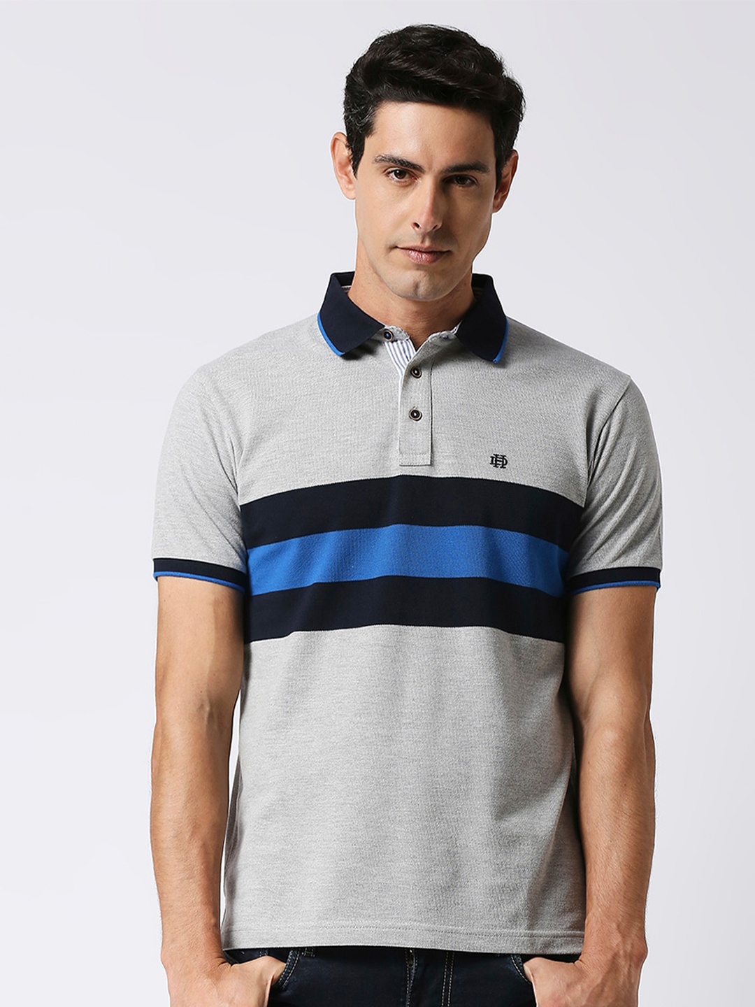 

DRAGON HILL Striped Polo Collar Slim Fit Cotton T-shirt, Grey