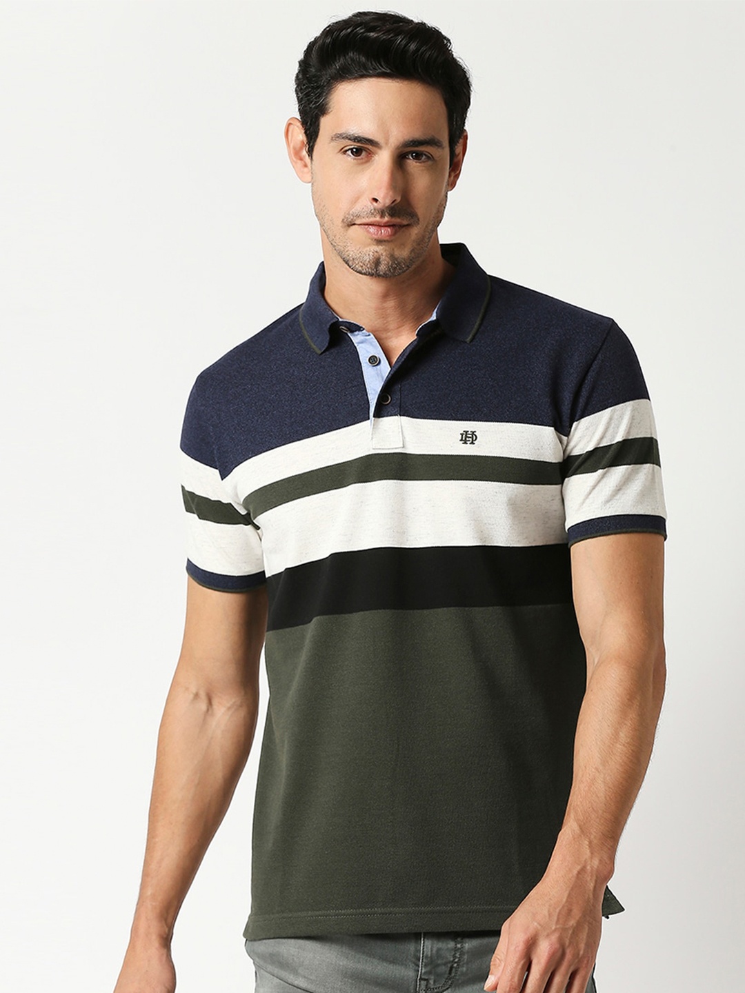 

DRAGON HILL Striped Polo Collar Slim Fit Cotton T-shirt, Olive