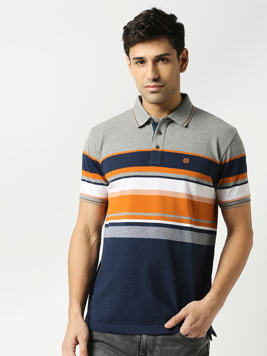 

DRAGON HILL Striped Polo Collar Slim Fit Cotton T-shirt, Grey melange