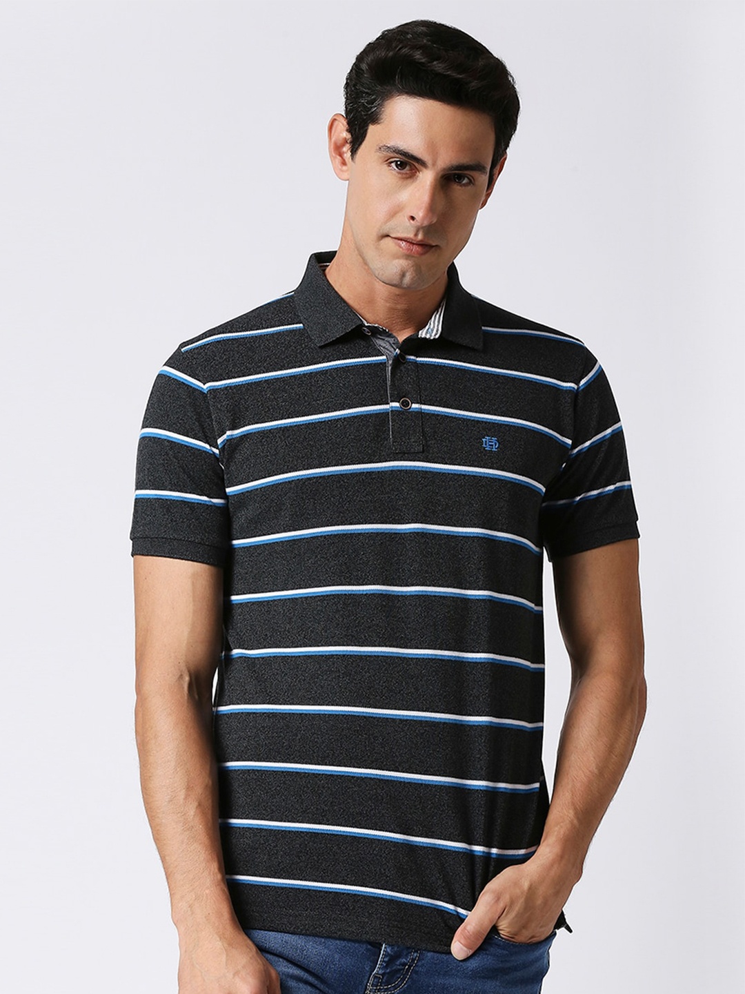 

DRAGON HILL Striped Polo Collar Slim Fit Cotton T-shirt, Charcoal