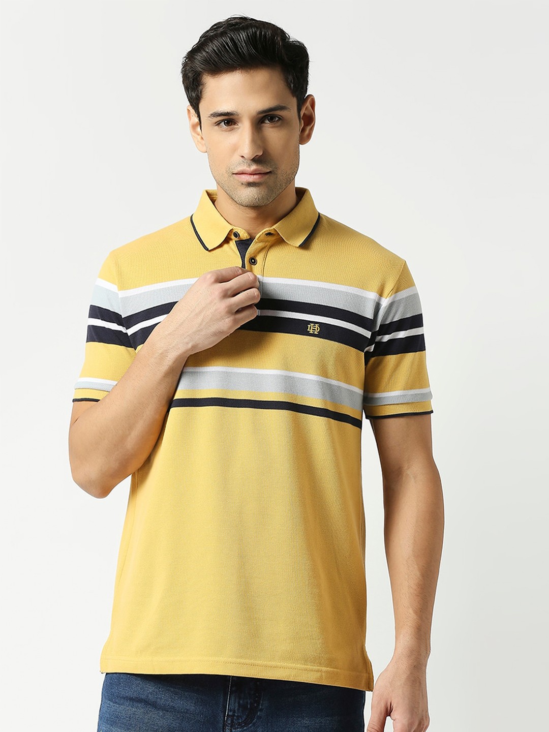 

DRAGON HILL Striped Polo Collar Slim Fit Cotton T-shirt, Yellow