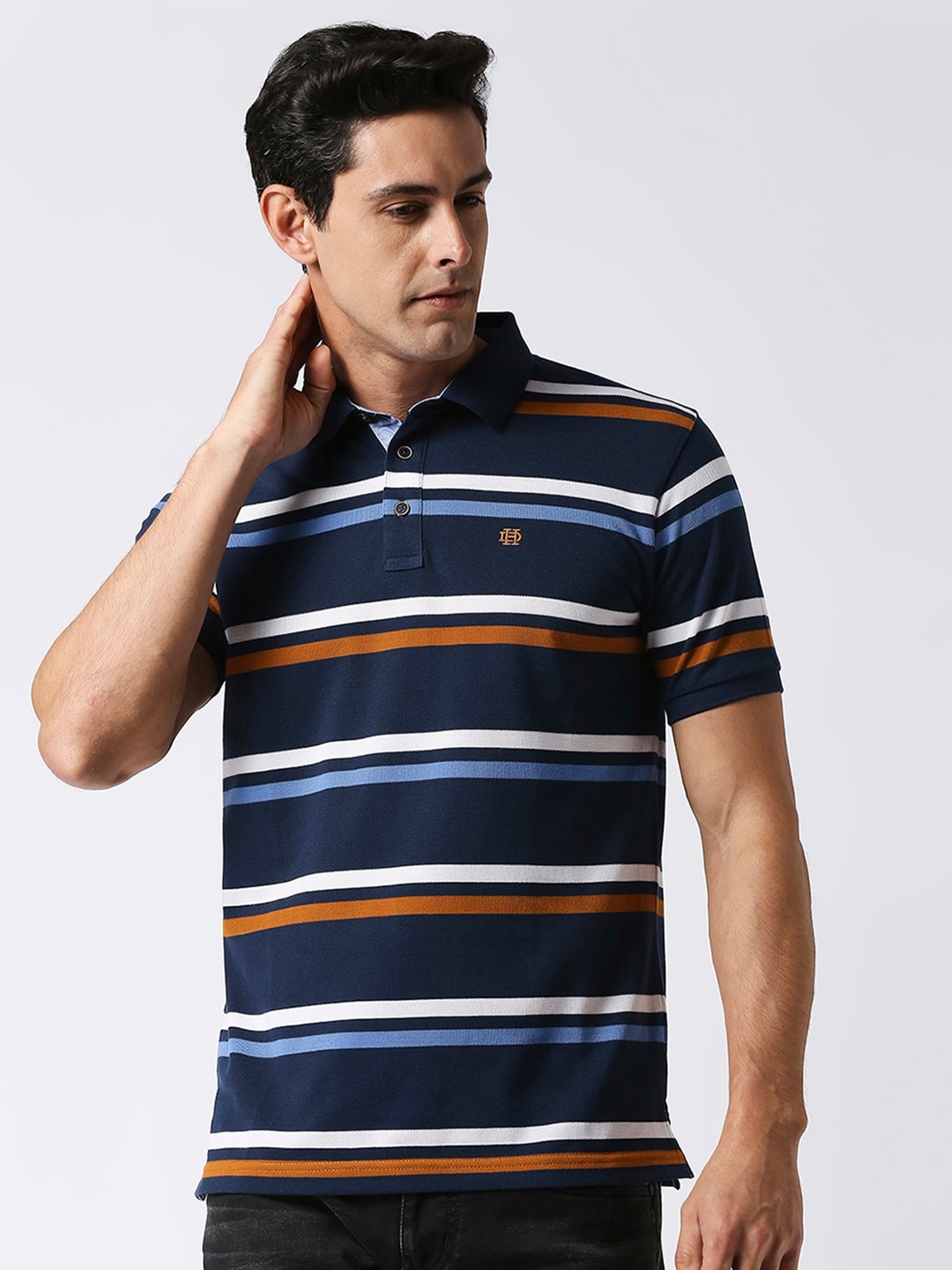 

DRAGON HILL Striped Polo Collar Cotton Slim Fit T-shirt, Navy blue
