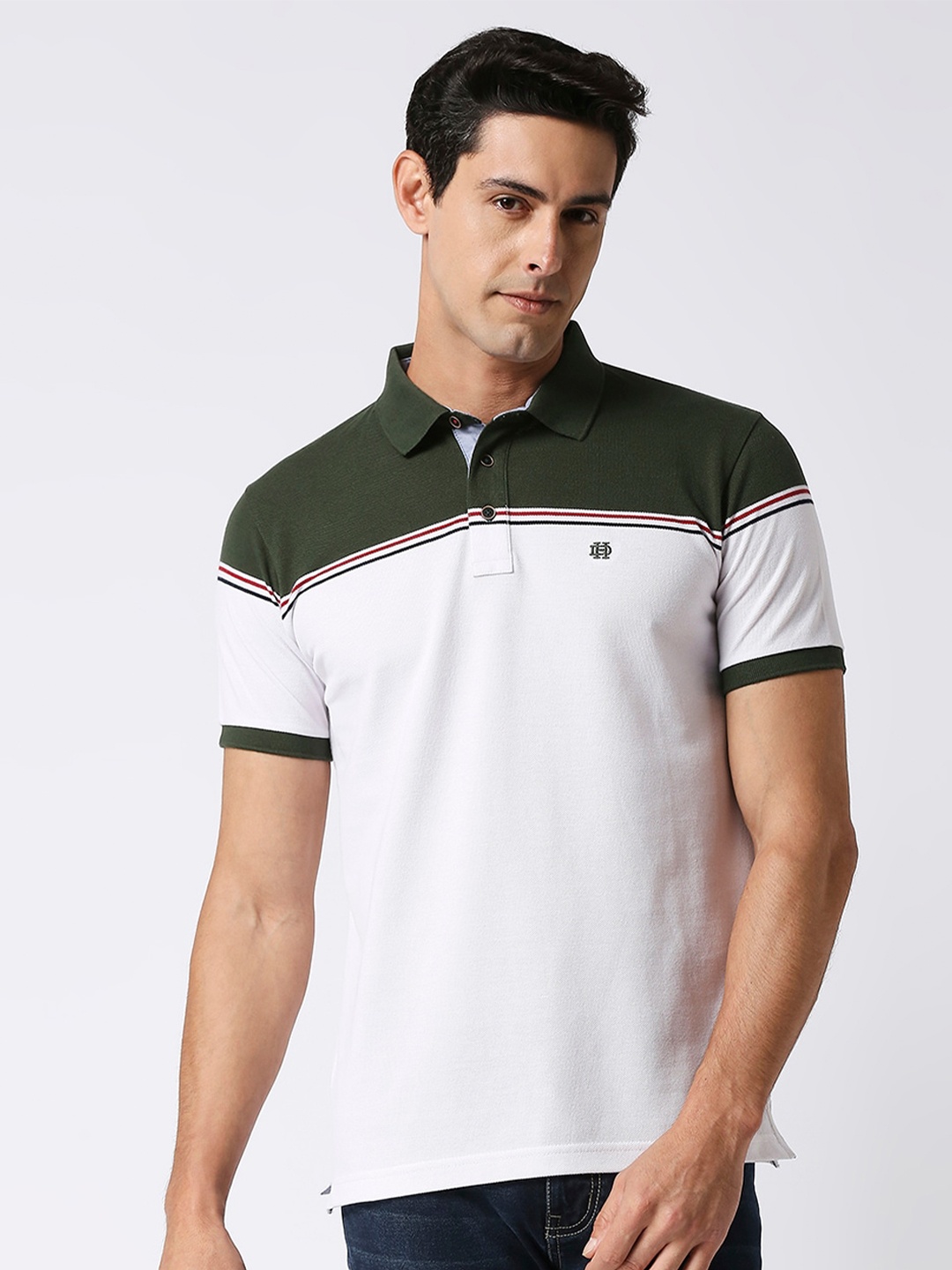 

DRAGON HILL Colourblocked Polo Collar Slim Fit Cotton T-shirt, White