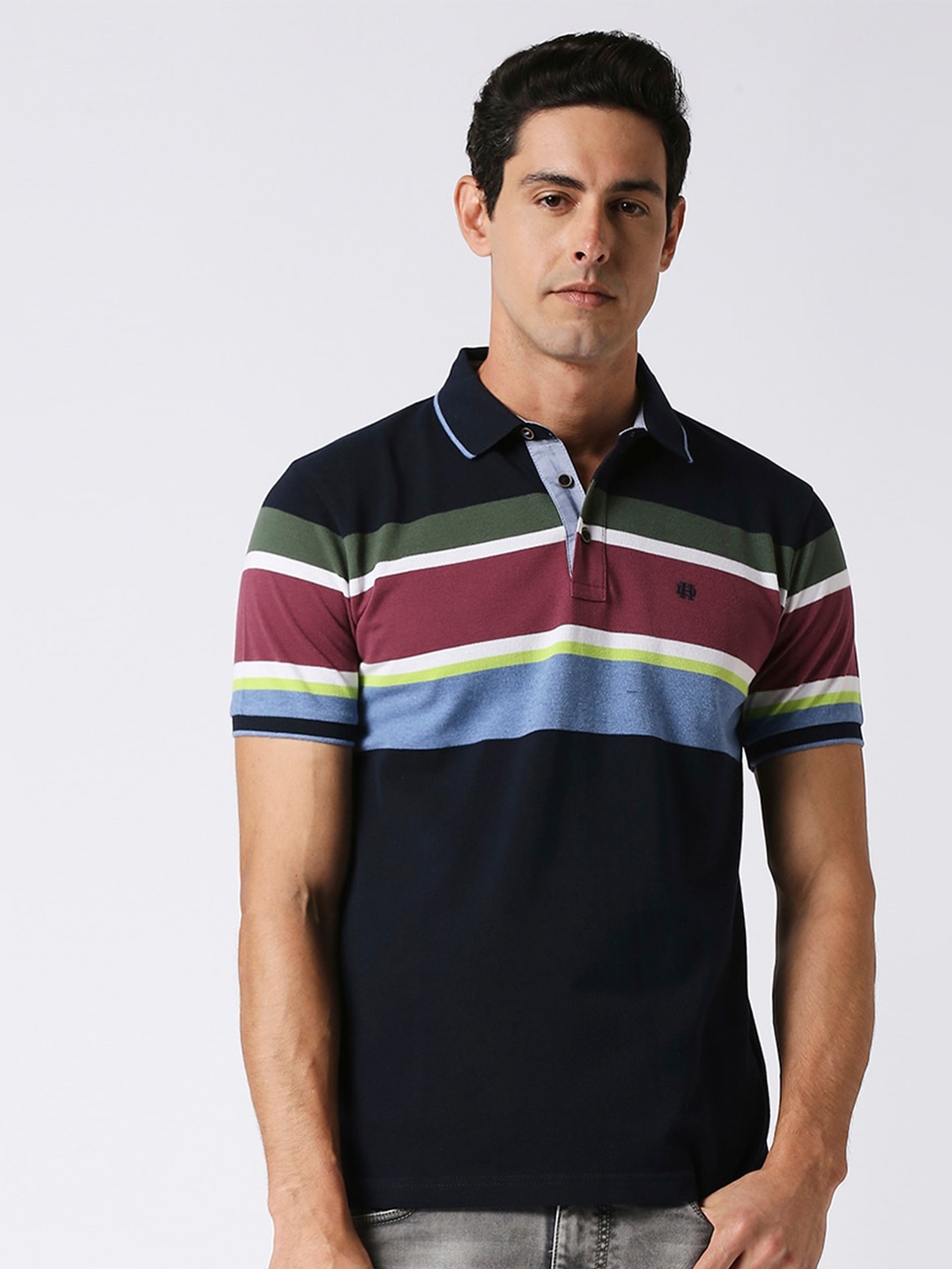 

DRAGON HILL Striped Polo Collar Slim Fit Cotton T-shirt, Navy blue