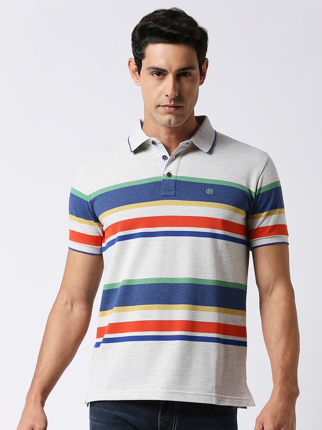

DRAGON HILL Striped Polo Collar Cotton Slim Fit T-shirt, Grey