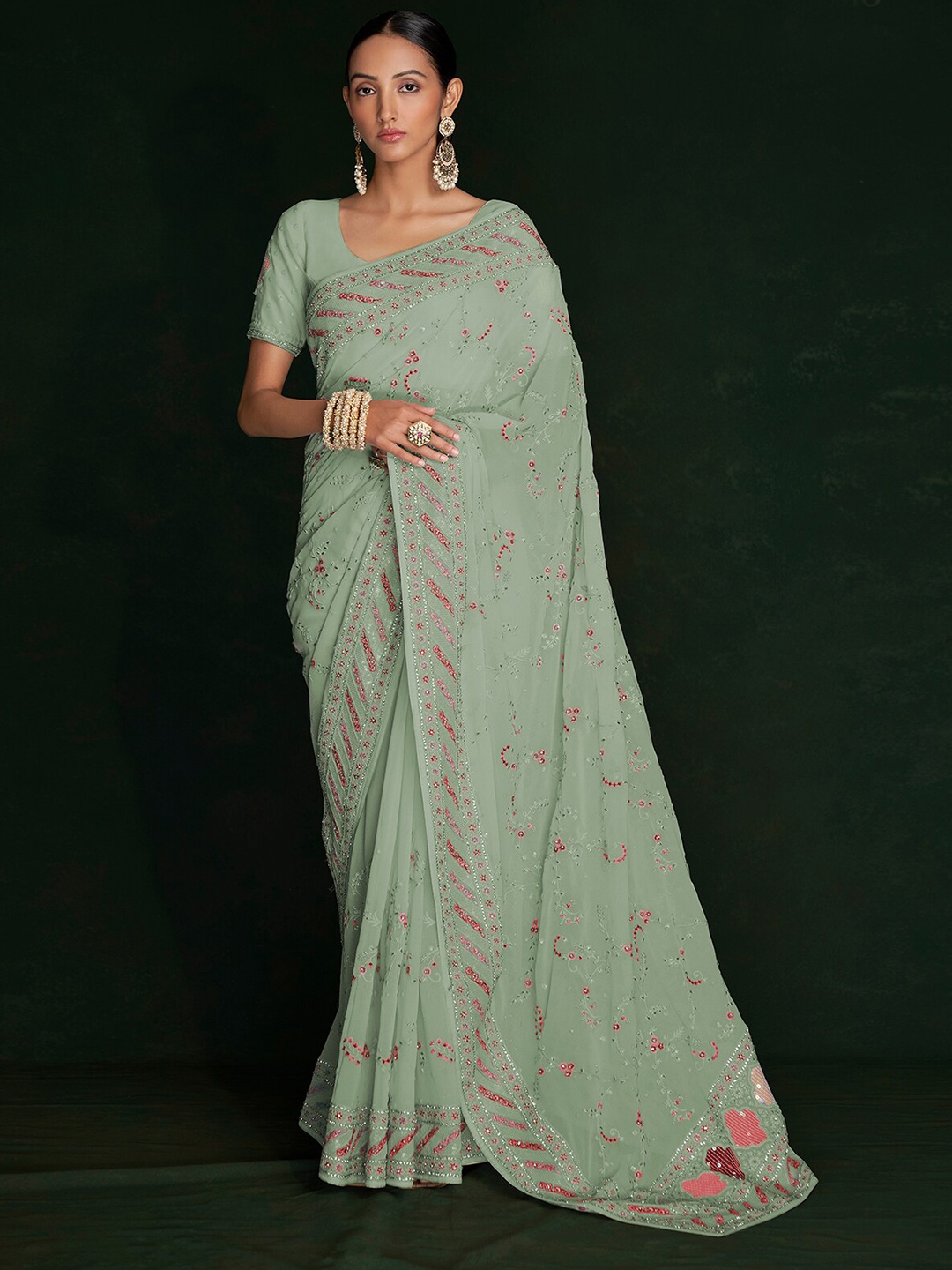 

ODETTE Floral Embroidered Saree, Sea green