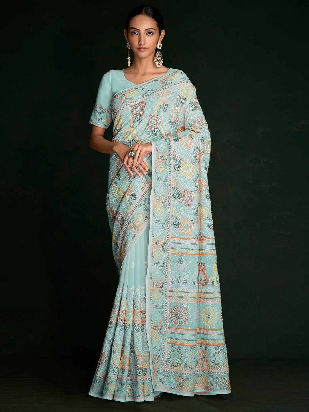 

ODETTE Ethnic Motifs Embroidered Saree, Blue