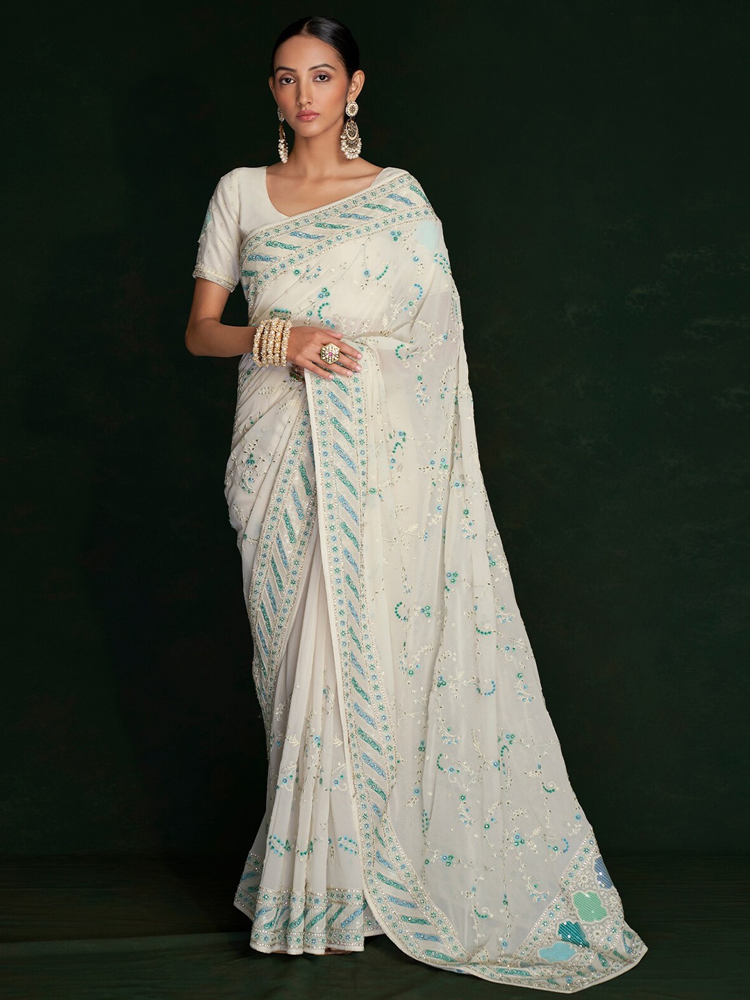 

ODETTE Floral Embroidered Saree, White