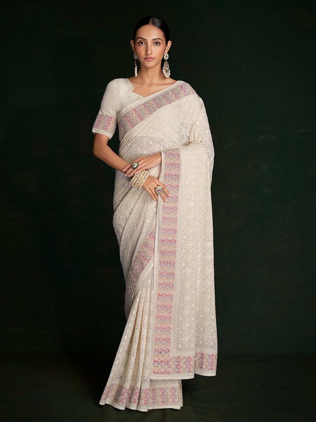 

ODETTE Ethnic Motifs Embroidered Saree, White