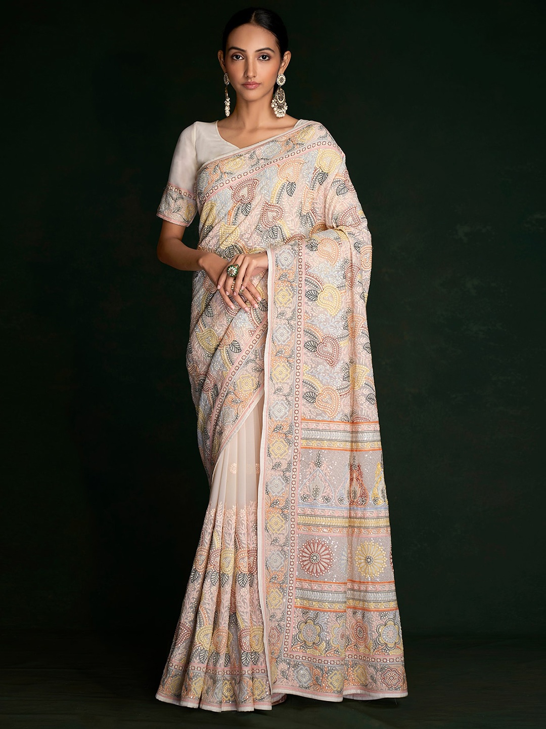 

ODETTE Paisley Embroidered Saree, Pink