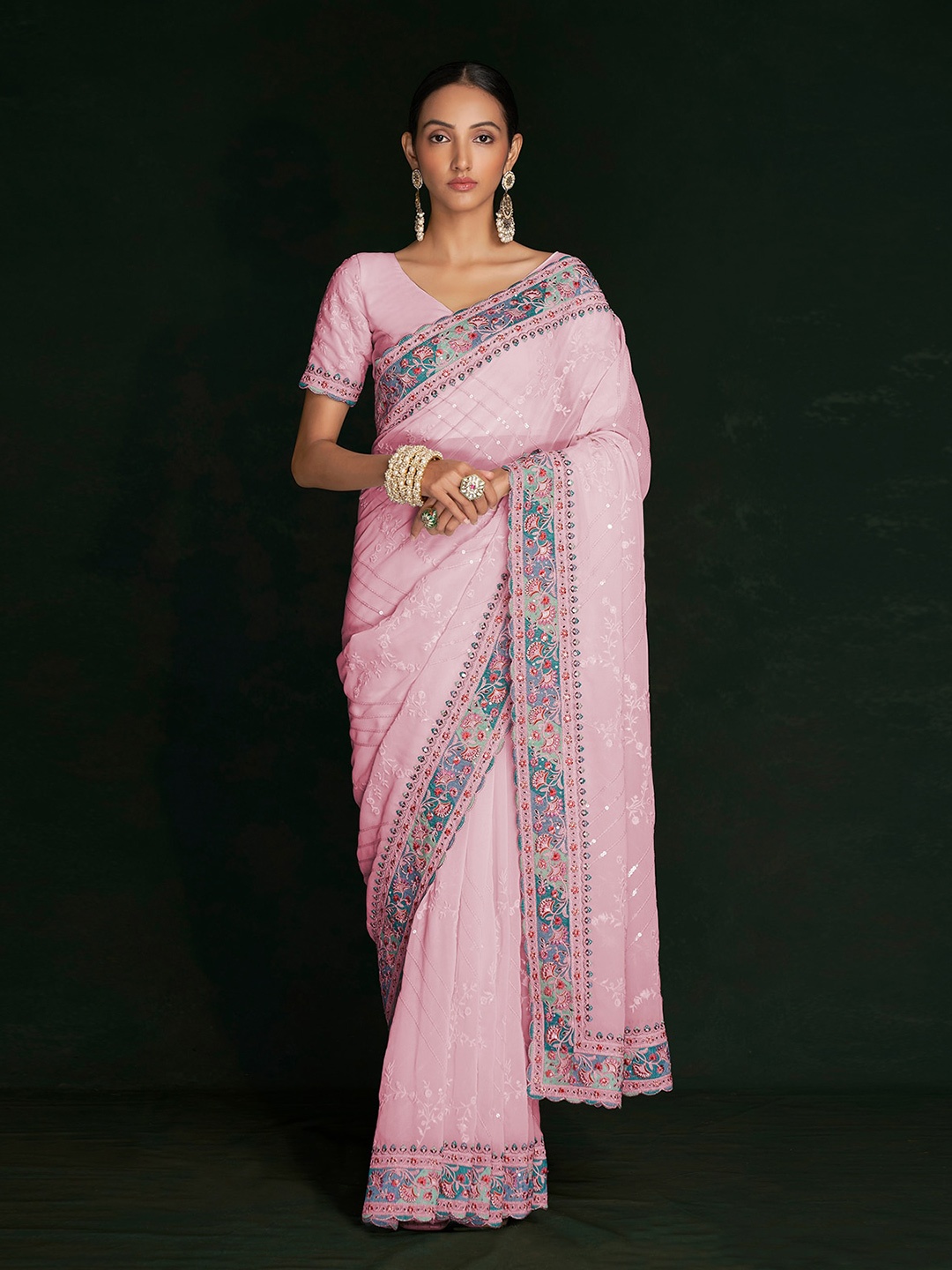 

ODETTE Embellished Embroidered Saree, Pink