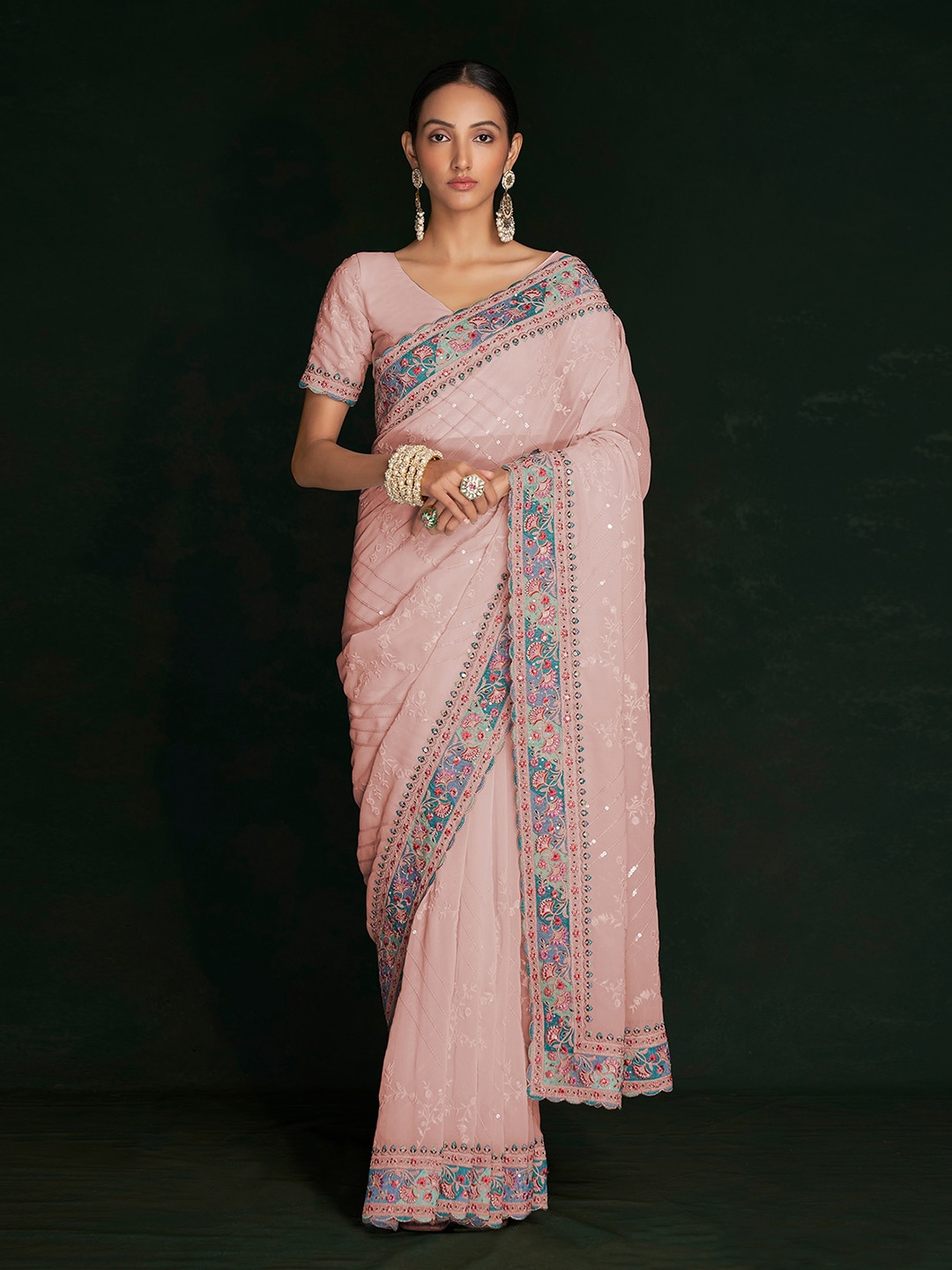 

ODETTE Floral Embroidered Saree, Pink