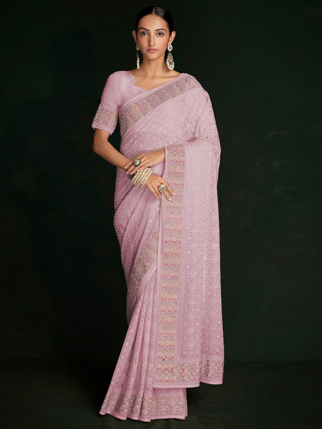 

ODETTE Ethnic Motifs Embroidered Saree, Pink