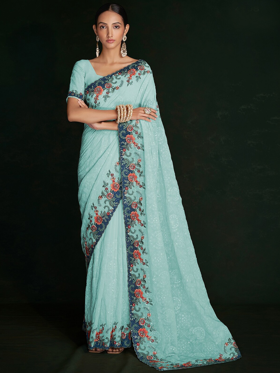 

ODETTE Embellished Embroidered Saree, Blue