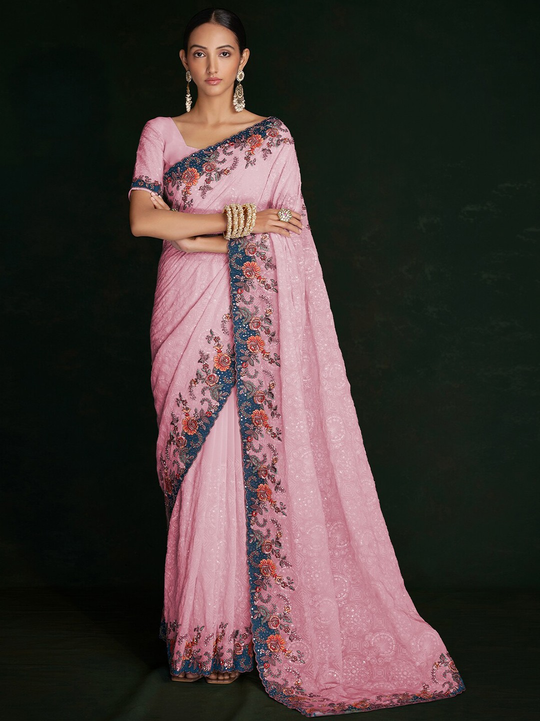 

ODETTE Floral Sequinned Saree, Pink