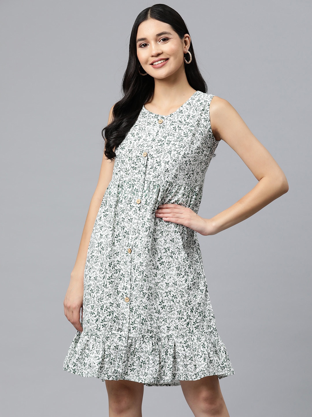 

WEAVETECH IMPEX Floral Print Ruffled A-Line Dress, Green