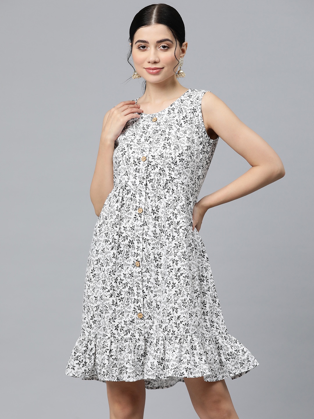 

WEAVETECH IMPEX Floral Print Ruffled A-Line Dress, White