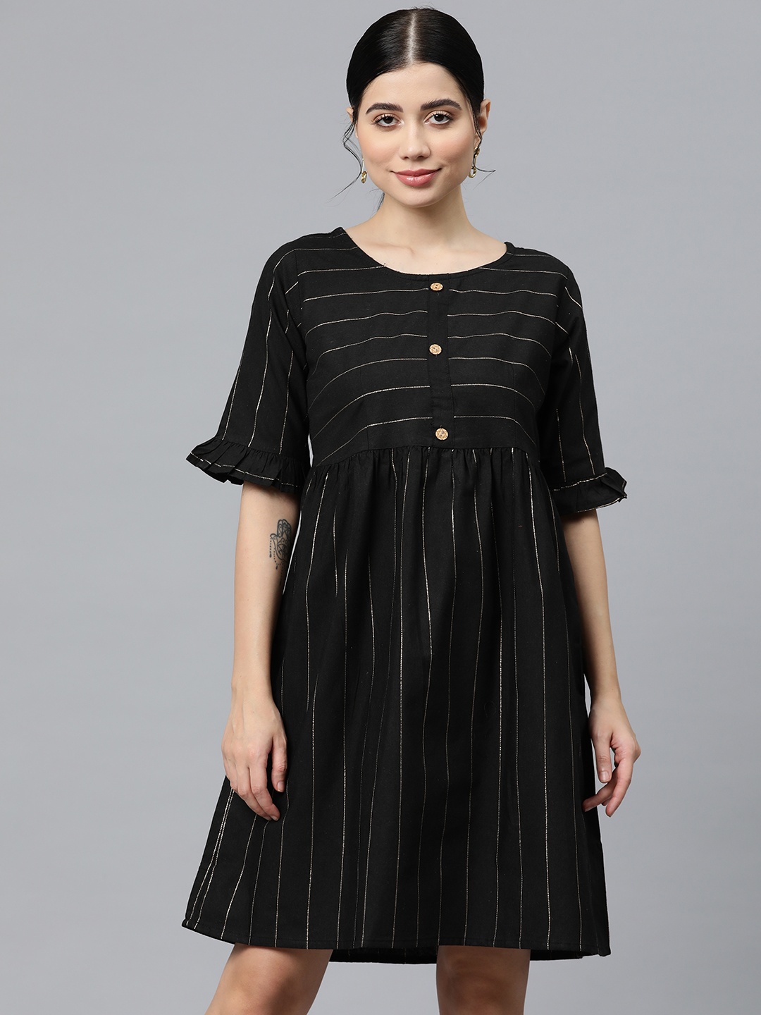 

WEAVETECH IMPEX Striped Bell Sleeve A-Line Dress, Black