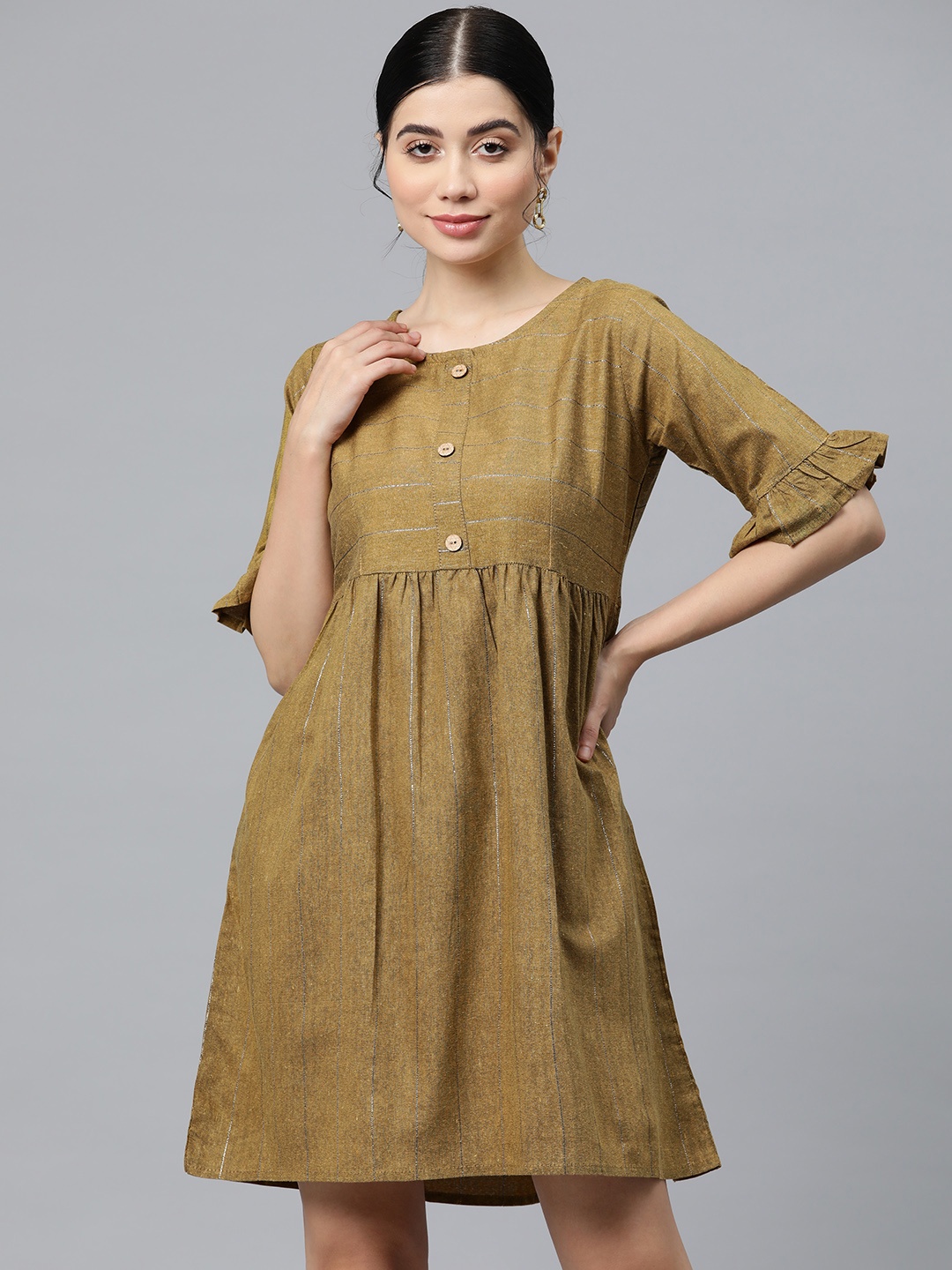 

WEAVETECH IMPEX Striped A-Line Dress, Olive