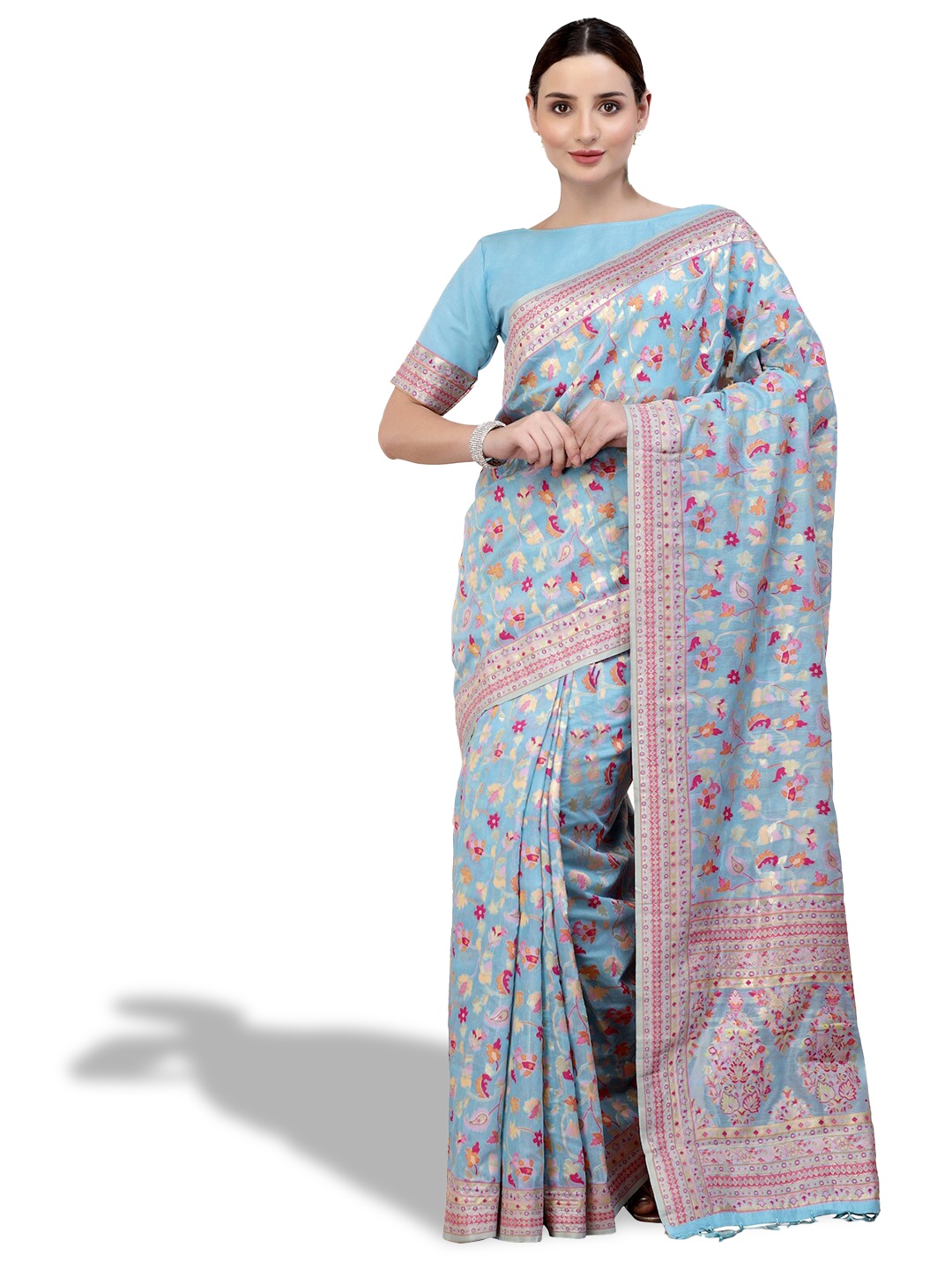 

Mitera Blue & Pink Floral Woven Design Saree