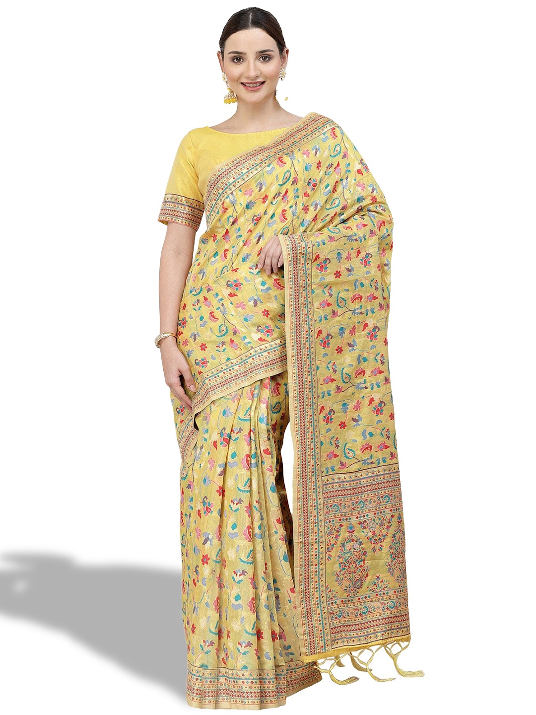

Mitera Yellow & Blue Floral Woven Design Saree